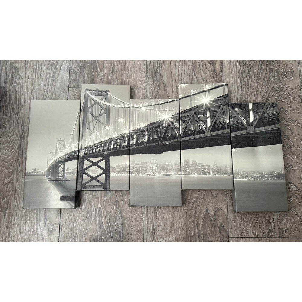 San Francisco Bay Bridge 5 Panel Canvas Wall Art Black White Skyline Decor